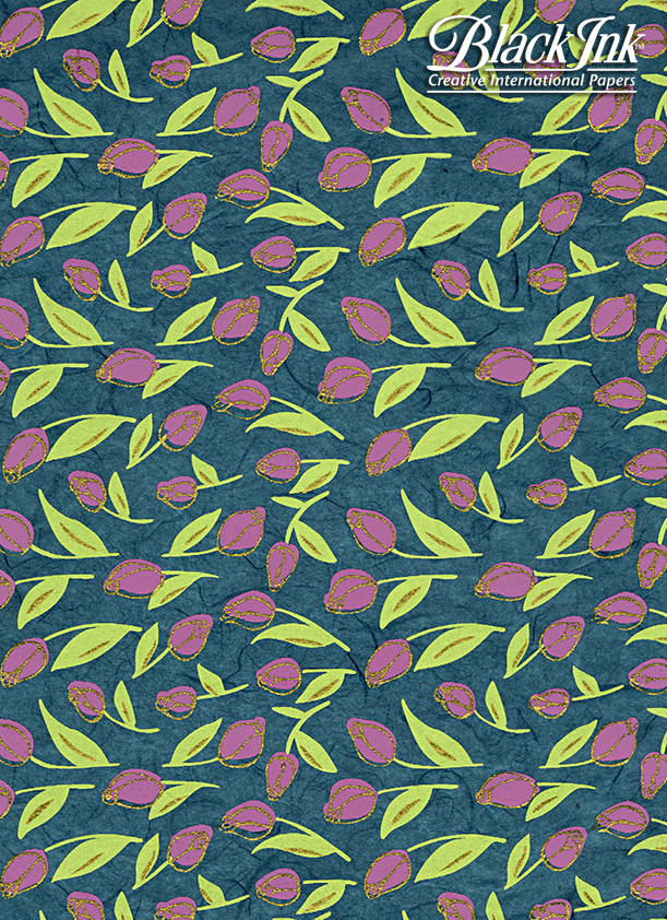 Tiny Tulips-Pink/Green/Gold on Teal