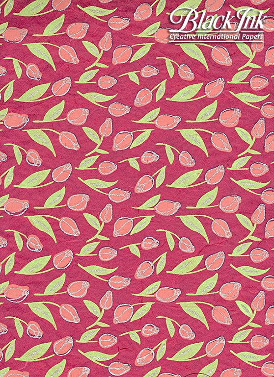 Tiny Tulips-Pink/Green/Silver on Deep Pink