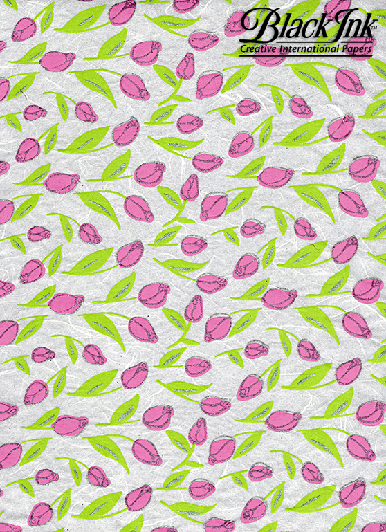 Tiny Tulips-Pink/Green/Silver on White